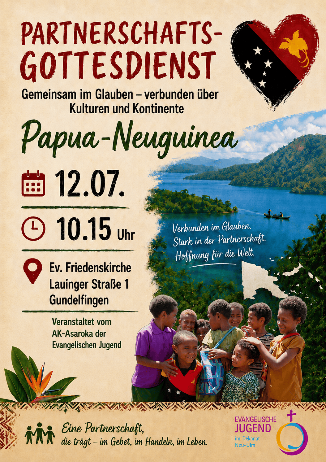 Plakat Partnerschaftsgottesdienst am 12.07.2026 um 10:15 Uhr in der ev. Friedenskirche in Gundelfingen